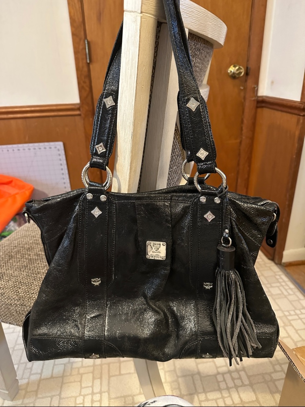 Women's Black Leather Shoulder Bag with Tassel